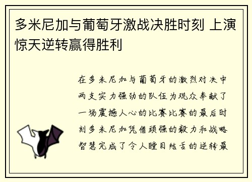 多米尼加与葡萄牙激战决胜时刻 上演惊天逆转赢得胜利