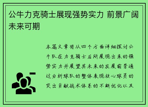 公牛力克骑士展现强势实力 前景广阔未来可期