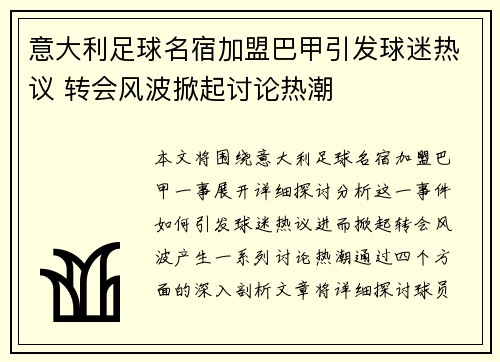 意大利足球名宿加盟巴甲引发球迷热议 转会风波掀起讨论热潮