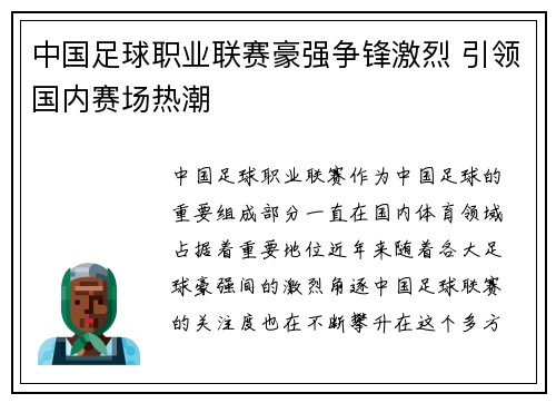 中国足球职业联赛豪强争锋激烈 引领国内赛场热潮