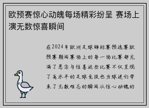 欧预赛惊心动魄每场精彩纷呈 赛场上演无数惊喜瞬间