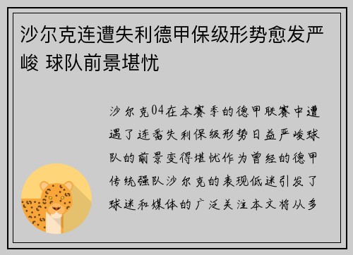 沙尔克连遭失利德甲保级形势愈发严峻 球队前景堪忧