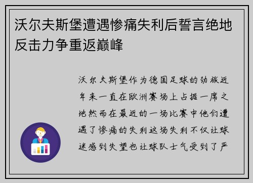 沃尔夫斯堡遭遇惨痛失利后誓言绝地反击力争重返巅峰