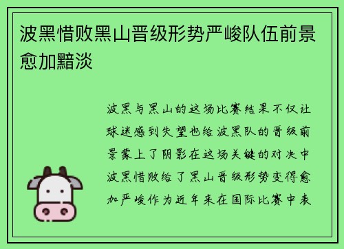 波黑惜败黑山晋级形势严峻队伍前景愈加黯淡