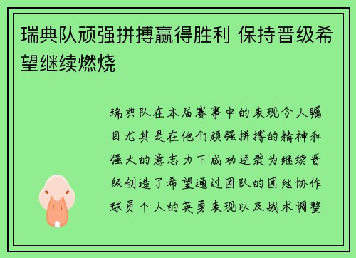 瑞典队顽强拼搏赢得胜利 保持晋级希望继续燃烧