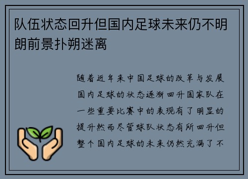 队伍状态回升但国内足球未来仍不明朗前景扑朔迷离